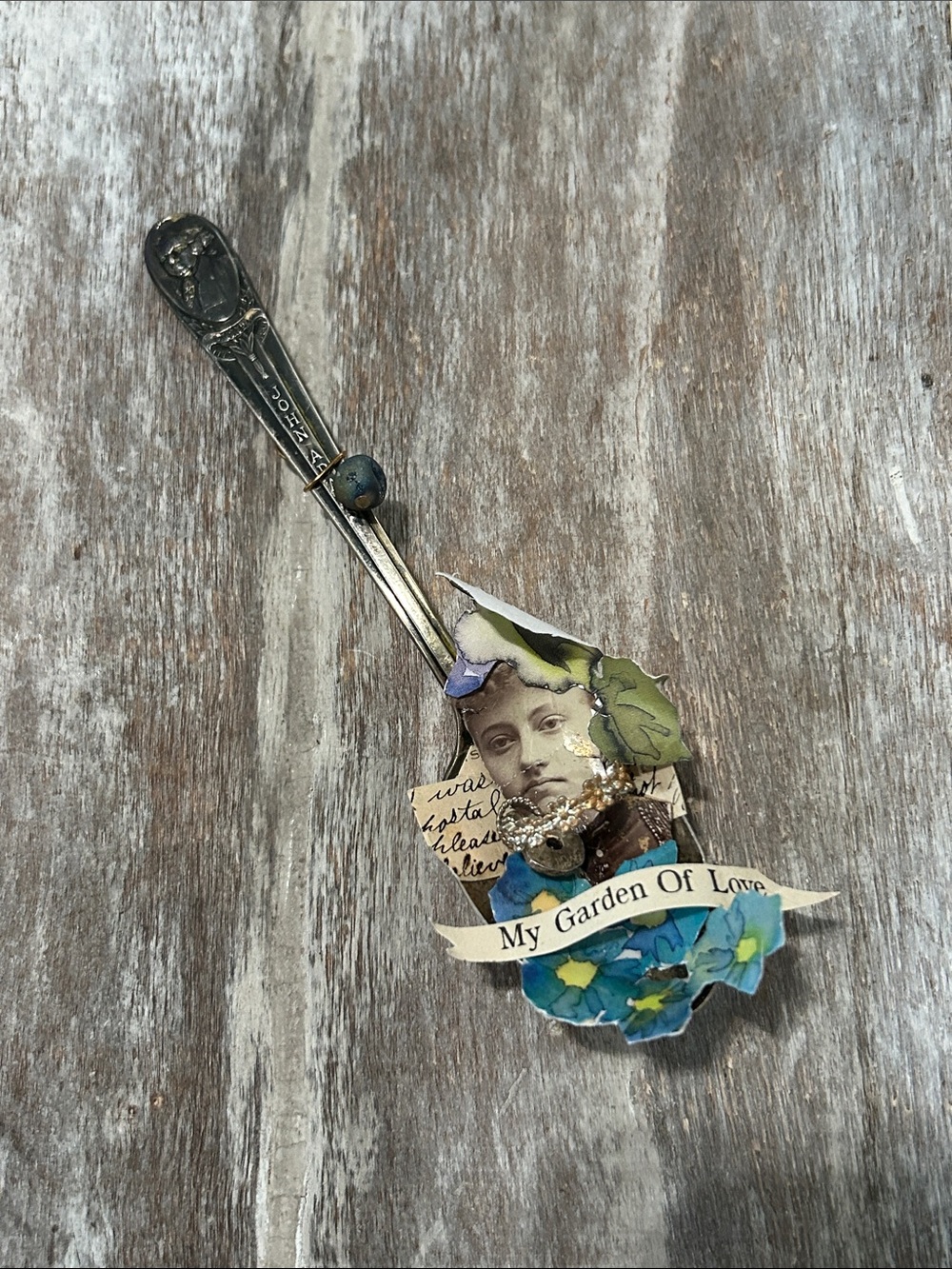 Vintage Silver Spoon Mixed Media Collage "My Garden Of Love"